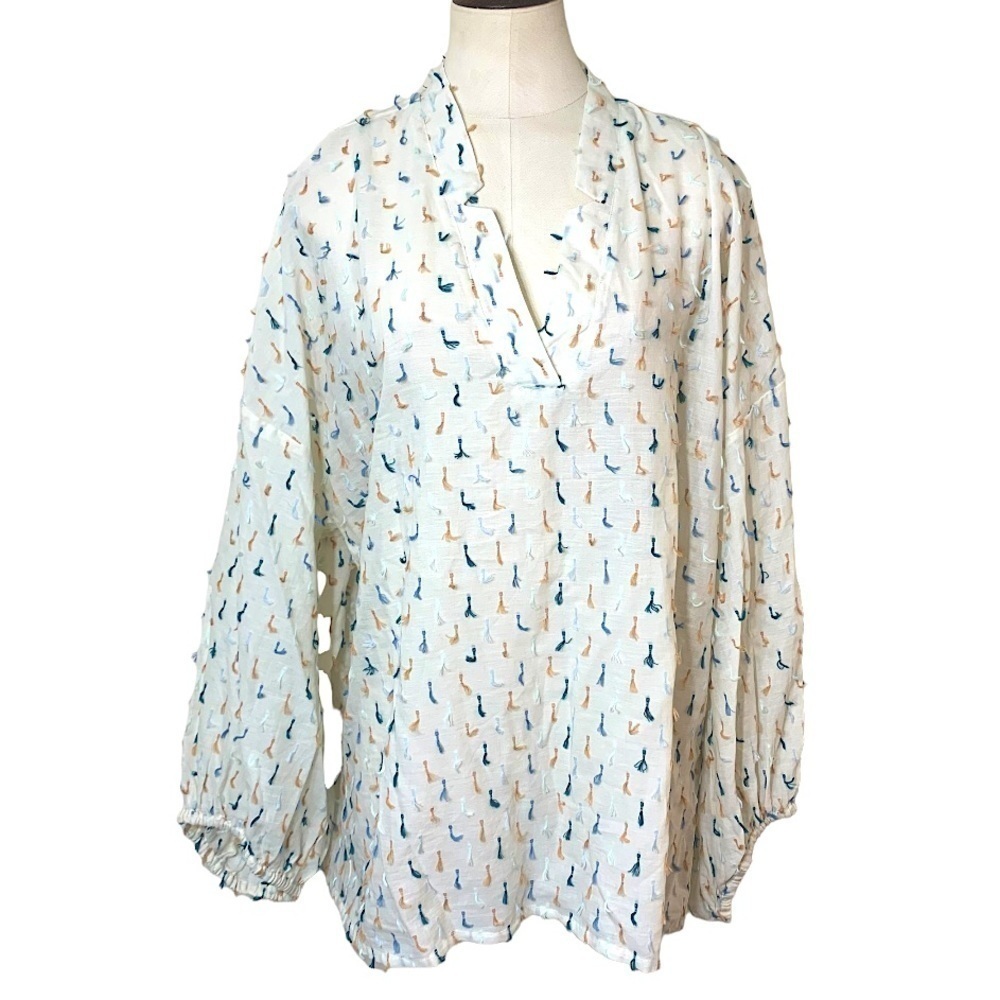 LOU & Grey Off White Boho Blouse XL Oversize Balloon Sleeves Colorful Thread